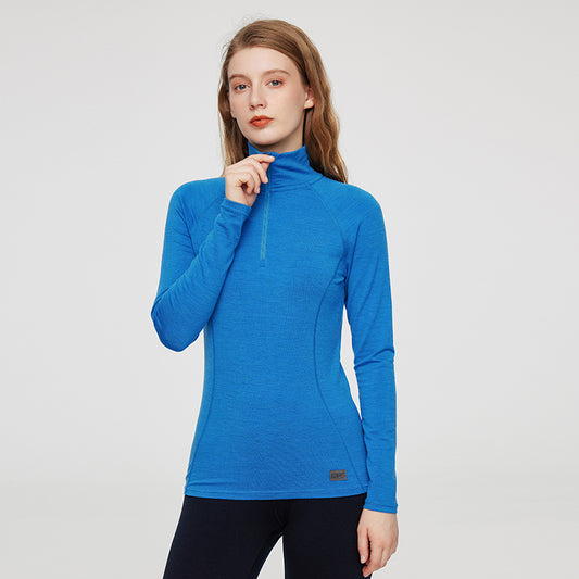 17.5μm ZEALWOOD Women‘s Long-sleeved Zipper Neck Merino Wool T-shirt (200g)